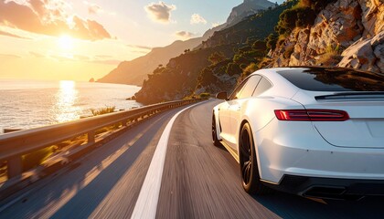 Obraz premium A white sports car drives along a scenic coastal road at sunset, the warm light illuminating the stunning scenery.