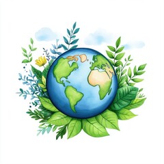 Colorful Earth with Green Leaves and Plants in Artistic Illustration Style