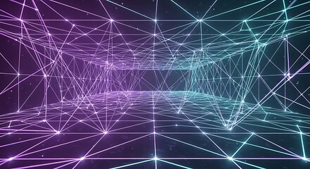 Abstract digital tunnel with connected lines and dots, creating a futuristic, network-like structure.
