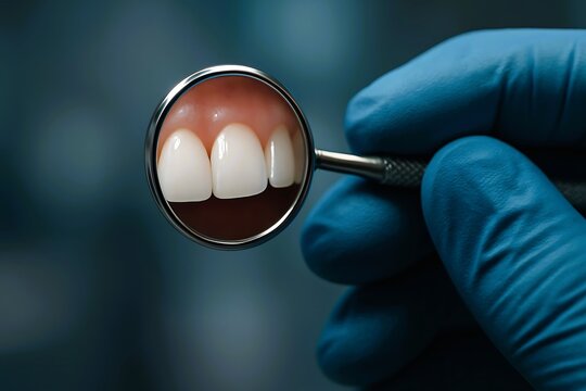 A dentist&rsquo;s gloved hand holds a dental mirror reflecting clean, white front teeth with gums, symbolizing oral care, hygiene, and clinical professionalism.
