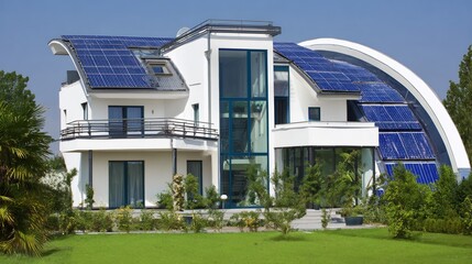 Fototapeta premium Modern white house with solar panels on curved roof and large glass windows surrounded by green lawn