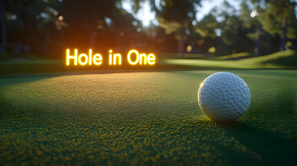 Golf Ball on Green Grass Course with Hole in One Neon Sign