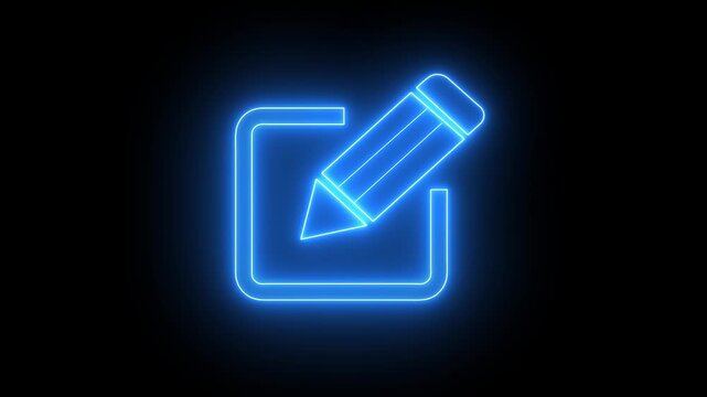 Blue neon glowing edit icon animation, design creativity symbol, writing editing video for content digital background