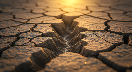 A surreal macrophotography shot of a sunlit chasm splitting cracked desert ground, an intricate visualization of arid climate and environmental change