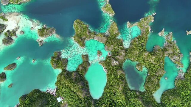 Aerial view of Piaynemo islands in Raja Ampat, Indonesia, with turquoise lagoons, lush green karst islets and stunning tropical seascape, symbol of exotic travel and adventure