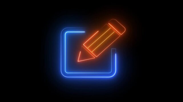 Neon glowing red blue edit icon, content creation writing editing, design creativity video animation background