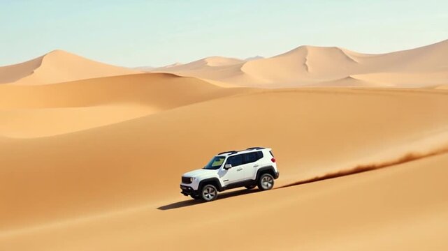 A car driving through the desert with sand dunes in the background