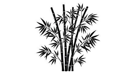 Silhouetted bamboo stalks and leaves in a dense cluster against a white background.