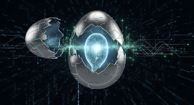 Photo of abstract futuristic egg with glowing digital brain inside, representing ai - Powered by Adobe