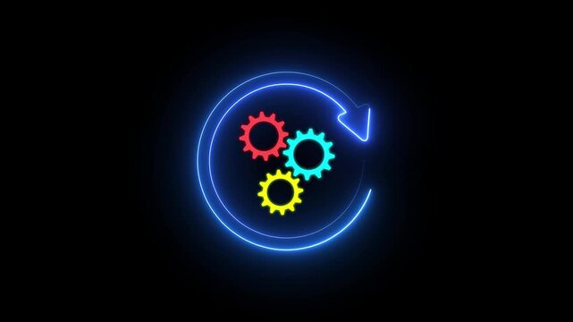 Neon glowing colorful gear icons, technology engineering settings, system mechanical animation video design background