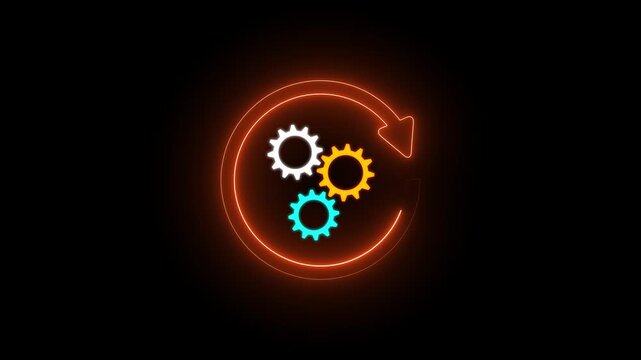 Orange neon glowing gear animation, engineering settings icon, mechanical configuration video background for technology