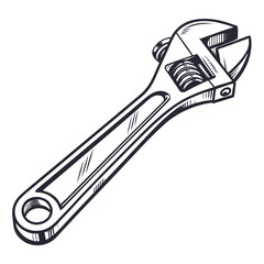 Obraz premium Black And White Sketch Of An Adjustable Wrench spanner