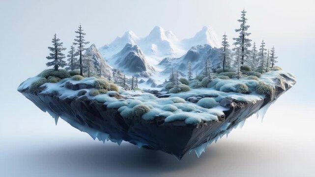 surreal mini model of a snow-covered mountain landscape floating in mid-air, featuring icy blue moss, sparse pine trees