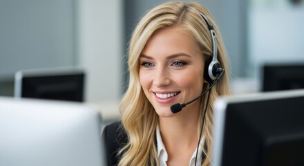 Friendly blonde customer service representative wearing a headset smiles while working at her computer station in a modern office environment assisting clients