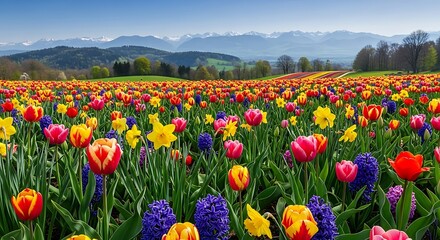A vibrant field of colorful tulips and other flowers with mountains in the background under a clear sky.