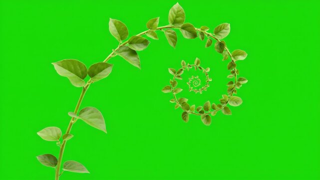 A green plant vine steadily grows and curls into a beautiful spiral shape on a solid green screen unfurl, spring, loopable