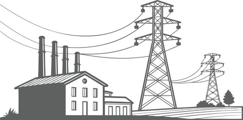 Power line tower, transmission tower with white isolate background, High voltage post or High voltage tower. Vector Illustration Png Background Template.	