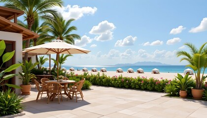 Fototapeta premium an outdoor patio area of a beachfront resort. it features a large dining table surrounded by chairs under a shaded umbrella