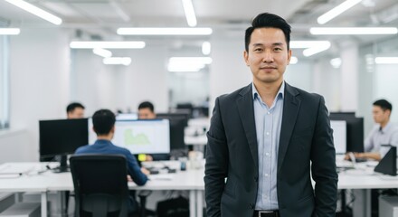 Fototapeta premium Confident asian businessman in a suit stands in a modern well lit office environment with colleagues working diligently in the background
