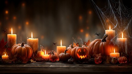 Obraz premium Spooky halloween pumpkins with glowing carved faces and flickering candles on a dark, atmospheric background