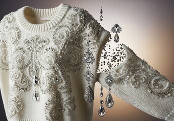 Obraz premium Close-up of a lavish white knitted sweater adorned with sparkling crystal and pearl embellishments, with some jewels appearing to float away.