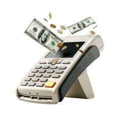 credit card terminal 3D model with dollar icons coming out, soft matte plastic texture, white clean background, fintech concept