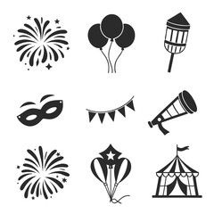 Fototapeta premium Festive Party Icons With Balloons Fireworks And Mask