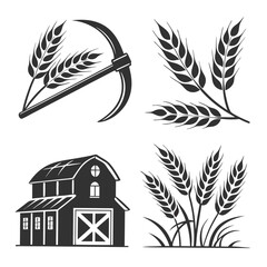Farm Icons Wheat Barn Pickaxe and Scythe Silhouettes