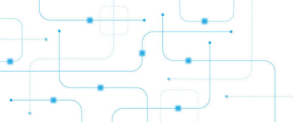 Fototapeta premium Abstract technology background with blue circuit lines and nodes, digital network connection pattern on white, futuristic data communication concept for corporate web design and tech branding
