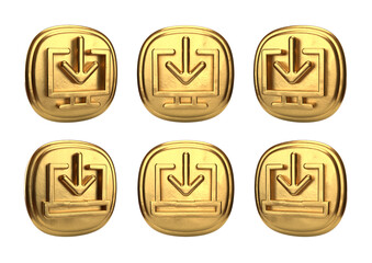 Golden 3D Download Icon Set, Shiny Metallic Buttons Collection for Apps and Web Design