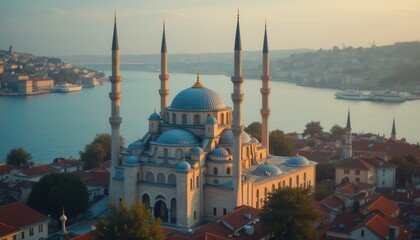 Fototapeta premium Majestic mosque with minarets by the waterfront cityscape