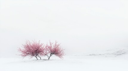 Serene snowy field with flowering trees and pink blossoms