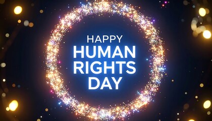 Circular graphic for Human Rights Day, featuring a sparkling ring of multicolored particles around the text