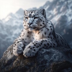 Fototapeta premium Snow leopard resting on rocky outcrop in snowy mountains