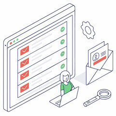 Person Managing Emails With Checkmarks And Magnifying Glass