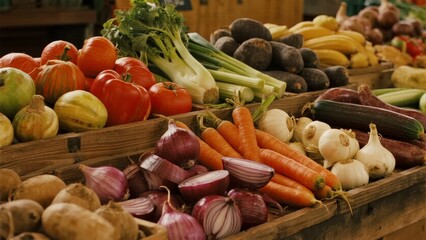Fresh vegetables displayed in wooden crates at a market stall