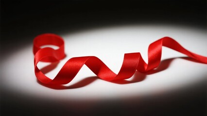 A red satin ribbon curled on a dark surface with dramatic lighting