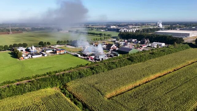 Aerial view of firefighters training exercise