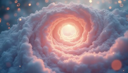 Swirling snow tunnel leading to bright light in winter landscape