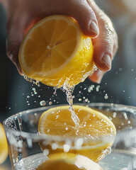 Close-up of male hands squeezing fresh lemon juice