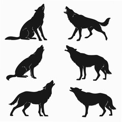 Six black wolf silhouettes howling on white background