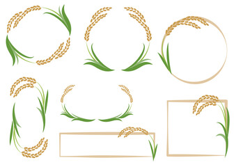 Set of six decorative frames and borders featuring stylized rice stalks and leaves in various circular and rectangular shapes. © yeri