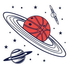 Space themed illustration with basketball planet and stars © rabbi