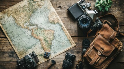 Travel vacation with itinerant tourism, depicting a collection of travel essentials like maps, cameras,  on blurred background