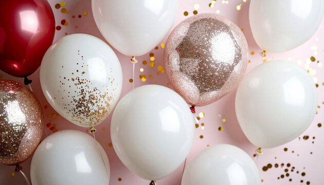 A festive background of red, white, and rose gold glitter balloons on a soft pink surface, perfect for birthdays, Valentine’s Day, or celebrations. - Powered by Adobe
