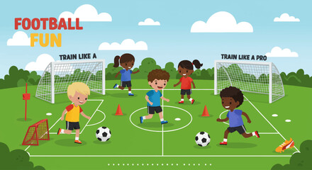 Fototapeta premium Vector illustration of children playing football outdoors, fun colorful flat design, soccer field with goalpost