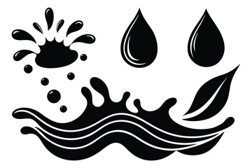 Obraz premium Black and White Illustration of Water Splash, Drops, and Leaf Design Elements