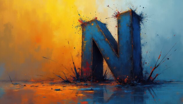 Three-dimensional blue letter N with paint splash reflection - Powered by Adobe