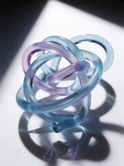 Fototapeta premium Transparent blue and purple glass rings intertwined in a complex knot, casting shadows on a white surface.