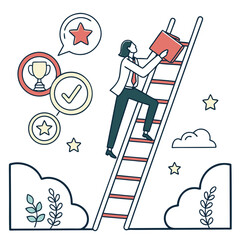 Woman Climbing Ladder Towards Trophy And Star Icons